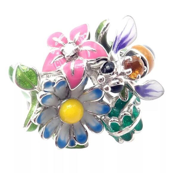 Authentic! Christian Dior Diorette 18k White Gold Diamond Citrine Flower Ring - Picture 1 of 9